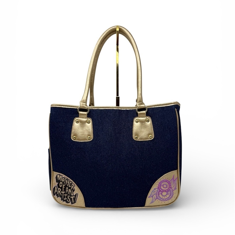 Neiman Marcus Denim Tote Bag Gold Trim Large Shoulder Bag Boho Art